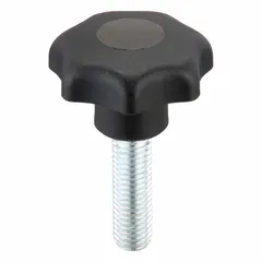 This 7-arm knob features a plastic body with a steel threaded stud, M12 thread size, and 40 mm thread length. The 50 mm diameter multi-arm design provides ergonomic grip for manual adjustment or clamping on industrial machinery, jigs, and fixtures.