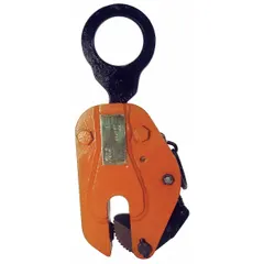 This steel plate-lifting clamp is designed for vertical lifting of steel plates. It features a load ring attachment and manual teeth for secure gripping. With a working load limit of 6,000 lb, it is suitable for industrial material handling tasks such as positioning and moving plates in fabrication or construction environments.