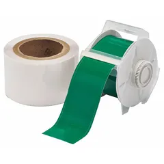 Continuous label stock for industrial floor marking, aisle identification, and safety zone delineation. Polyester with rubber adhesive provides durable, glossy green markings that withstand foot and light vehicle traffic. Compatible with GlobalMark printer series; requires ribbon 76741.