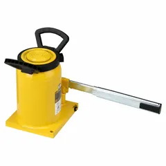 Steel-bodied mechanical bottle jack with 55-ton load capacity. Operated by manual handle for lifting heavy loads in industrial maintenance, construction, and manufacturing applications. High-clearance design allows positioning under low machinery and structural loads.