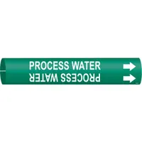 Green snap-on pipe marker with white legend reading 'Process Water' and directional arrows. Fits pipe outer diameters of 4 to 6 inches. Used to identify process water lines in industrial piping systems