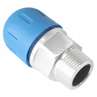 Aluminum compression fitting adapter with male NPT threads for connecting 25 mm OD nylon tubing to 3/4 in pipe ports. Used in compressed air systems for pneumatic distribution and industrial air-handling networks