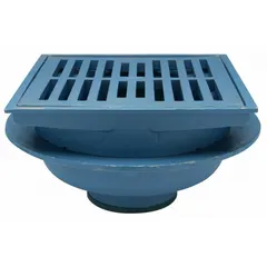 Cast iron area drain with a 12-1/2 in grate and 4 in No Hub connection. Includes frame. Used in commercial and industrial flooring to collect and remove surface water in areas such as parking garages, loading docks, and plant floors.