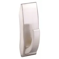 Nickel-finished adhesive-backed hook for light-duty indoor hanging. Holds up to 5 lb. Overall height and base height both 3 31/32 in. Suitable for organizing keys, lightweight tools, or small accessories on walls without damage