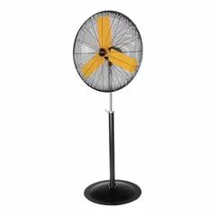 Stationary floor fan with 24-inch blade diameter, 120V AC, 1/3 hp direct-drive motor, and steel construction. Designed for air circulation in industrial environments such as warehouses, factories, and workshops.