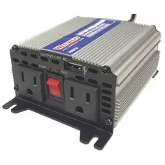 This inverter converts 12V DC from a vehicle cigarette lighter to 115V AC output with modified sine wave. It delivers 200W continuous power at 57-63Hz, suitable for powering small electronics, charging devices, or running portable tools in mobile applications.