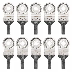 Bi-metal Starlock mounted blades for oscillating tools, 3 13/16 in overall length. Suitable for plunge cutting in drywall and occasional light wood or metal. Supplied in a 10-piece pack.