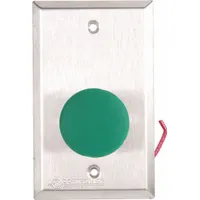 Push-to-exit button for access control systems, used to release a door lock from inside. Measures 4 1/2 in height, 2 3/4 in width, 2 in depth. Gray color with silver stainless steel finish. Suitable for commercial, industrial, and institutional egress applications