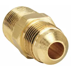 This brass 45-degree flare tube elbow connects 3/8 in OD tubing to 3/8 in male pipe thread. It is designed for flared/threaded connections in hydraulic, pneumatic, and fluid-handling systems. Meets SAE J513 standards. Supplied as a 10-pack.