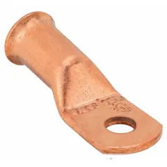 This copper side terminal lug is designed for terminating 2 ga wire using crimp or solder connections. It features a straight shape and a 1/4 in stud size for secure attachment to battery terminals or power distribution points. Suitable for electrical systems requiring low-resistance connections.