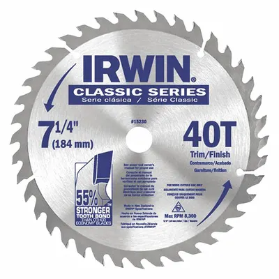 IRWIN Circular Saw Blade: 7 1/4 in Blade Dia., 40 Teeth, 0.09 in Cut Wd, 5/8 in Arbor Size - Wood-Cutting Blades