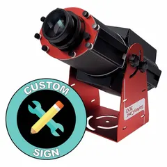 This 300 W LED projector with image disk includes a lens and image template for projecting custom signs or logos. It comes with mounting brackets and supports any laser color. Suitable for facility identification, safety markings, or industrial branding.