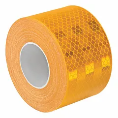 Yellow reflective tape with acrylic adhesive, 2 inches wide and 30 feet long. Designed for marking emergency vehicles, buses, construction equipment, and rail applications to enhance visibility in low-light conditions.