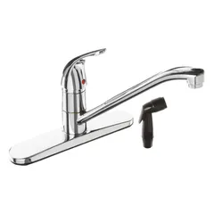 This ZURN AquaSpec® single-post kitchen faucet is constructed of brass with a chrome finish. It features a joystick handle and is designed for deck mounting with three mounting holes. Suitable for commercial and institutional kitchen applications requiring a low-arc spout for filling pots and washing dishes.