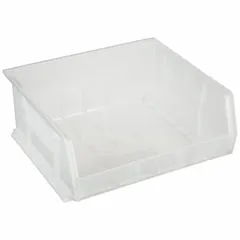 This clear plastic bin from AKRO-MILS measures 16-1/2 x 14-3/4 x 7 inches and includes a label holder for easy identification. It is not electrostatic discharge conductive and contains 0% recycled content. Suitable for organizing small to medium parts in industrial, warehouse, and workshop settings.