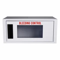White metal wall-mount housing for storing first aid supplies. Clasp closure, not lockable, not water resistant. Overall dimensions: 16 in depth, 8-7/8 in width, 8-3/8 in height. Mounting hardware not included. Suitable for organizing bandages, antiseptics, and other emergency items in industrial or workshop settings.