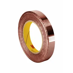 Copper foil tape with non-conductive adhesive, 3 inches wide, 6 yards long, 2.6 mils thick, rated for 600 volts. Used for EMI/RFI shielding, grounding, and splicing in electrical enclosures and cable assemblies.