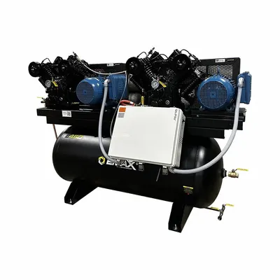 EMAX Electric Air Compressor: 10 hp, 2 Stage, Horizontal, 120 gal, 68 cfm, 175 psi - Quiet Duplex Pressure Lubricated Electric Air Compressors with Silencer