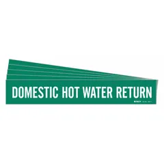 Green adhesive pipe marker with white legend reading 'Domestic Hot Water Return'. Fits pipe outer diameters from 2-1/2 to 7-7/8 inches. Sold in a 5-pack without arrows. Used to identify return lines in hot water systems.