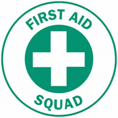 Non-reflective circle label for hard hat identification. Printed in English. Diameter 2 in. Pack of 4 labels. Used to mark personnel assigned to first aid duties in industrial and construction environments.