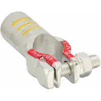 Straight alignment battery terminal for 4/0 gauge cable, positive polarity, with tin-plated copper/tin contact material and yellow color coding. Designed for crimp connection in high-current electrical systems such as industrial battery banks, backup power installations, and heavy-duty equipment requiring reliable positive termination