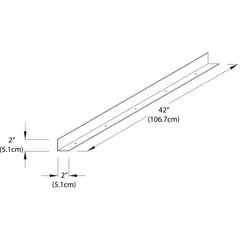 Steel retaining lip for lab shelving, 42 in overall length and width, 2 in height. Constructed from 16-gauge steel with a pearl white finish. Used to contain items and prevent spills on shelves in laboratory and industrial settings.
