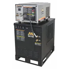 Skid-mounted hot water pressure washer with a 6 hp motor, belt-driven pump, and electric burner fuel system. Delivers 2,500 psi at 2.8 gpm on 460 V three-phase power. Suitable for industrial cleaning tasks requiring heated water, such as removing grease, oil, and heavy grime from equipment and surfaces.
