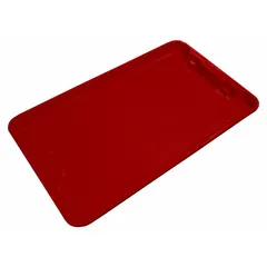 This red fiberglass lid measures 24 1/4 in x 14 3/4 in and is designed for use with extreme-temperature stacking and nesting totes. It provides protection from heat, debris, and contamination in industrial environments such as foundries and heat-treating facilities. Compatible with tote models 2TU21, 2TU22, and 4TH05.