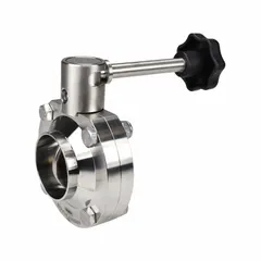Butterfly valve with 316L stainless steel body and disc, solder connections, and lever handle with unlimited stop positions. Rated for 140 psi CWP with average surface roughness ≤ 32 micron. 3-A certified for sanitary processing applications.