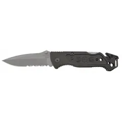 Manually-opening folding knife with a 3 1/2-inch blade. Closed length 4 3/4 inches, overall length 8 1/4 inches. Aluminum handle. Suitable for cutting rope, webbing, or seat belts in emergency or outdoor applications.