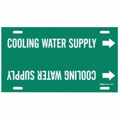 Green pipe marker with white legend text reading 'Cooling Water Supply' and directional arrows. Fits pipe outer diameters from 6 to 7-7/8 inches. Supplied as a single strap-on marker for identifying cooling water supply lines in piping systems.