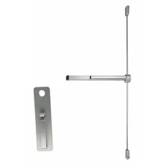 This rim-type exit device features a touchbar style for panic egress and an aluminum construction. It includes a thumbpiece pull outside trim and is ADA compliant. Suitable for commercial doors up to 3 ft wide requiring code-compliant emergency exit.