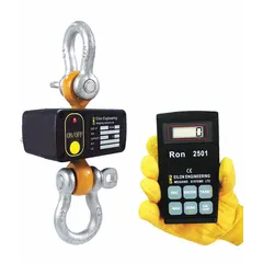 This crane dynamometer has a 50,000 lb capacity with 20 lb readability and +/-0.1% accuracy. The steel housing is rated IP65 for dust and water ingress protection. It includes a load cell, wireless remote display, carrying case, instruction manual, and calibration certificate. Suitable for tension measurement and load verification in lifting and material handling operations.