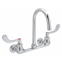 Wall-mounted widespread utility faucet with cast brass construction and chrome finish. Flow rate of 2.2 gpm. Suitable for commercial kitchens, bathrooms, and utility areas requiring a high-arc spout for filling large containers or cleaning tasks.