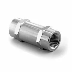 Inline poppet check valve with 316 stainless steel body and seat, 1/8 in pipe size, and FNPT x FNPT connections. Designed to prevent reverse flow in instrumentation and process systems handling liquids or gases.