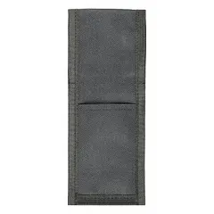 Black nylon tool pouch with open top and one pocket. Designed to carry knives on a belt up to 2 1/2 inches wide via belt slot. Suitable for industrial, warehouse, and maintenance applications requiring hands-free access to a cutting tool.