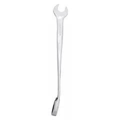 This SAE 12-point ratcheting combination wrench has a 5/8 in head size and an overall length of 10 1/8 in. The offset design provides access to recessed fasteners, while the ratcheting mechanism allows continuous turning without repositioning. It is finished in chrome and is suitable for tightening or loosening fasteners in automotive repair, machinery maintenance, and industrial assembly.