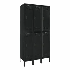 This HALLOWELL louvered metal wardrobe locker is constructed from steel with a black finish. It features a louvered door with an 8-digit code/key lock and includes a number plate. The unassembled unit is configured as 2 tiers, 3 units wide, providing individual compartments for personal storage in settings such as schools, gyms, factories, and offices.