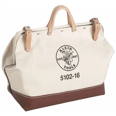 KLEIN TOOLS Tool Bag: 12 in W x 6 in D x 10 in H, Tan, Canvas, 1 Pockets, 1 Inside Pockets - Canvas Wide-Mouth Tool Bags