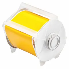Yellow gloss vinyl continuous label roll, 4 inches wide by 100 feet long, rated for outdoor use. Features a removable and repositionable adhesive. Compatible with GlobalMark 2 printer series. Suitable for industrial labeling applications such as pipe marking, safety signage, and equipment identification.