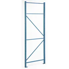 This STEEL KING upright is used to construct pallet rack systems in warehouses and distribution centers. It supports horizontal beams and stores palletized goods, improving storage density and organization. The teardrop design allows quick beam adjustments without tools. Specifications: 16 ft overall height, 42 in x 3 in, 16-gauge steel, blue finish.