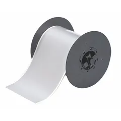Continuous label roll made of metalized polyester with a silver finish. Measures 4 inches by 100 feet. Compatible with the S3000 printer series. Used for industrial labeling applications such as asset tracking, pipe marking, and equipment identification.