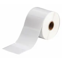 White matte vinyl wraparound label measuring 2 1/4 in x 2 1/2 in, designed for wire and cable identification on 6 AWG to 0 AWG gauges. Compatible with THT printer series and requires R4313 ribbon for thermal transfer printing. Used in industrial electrical, panel building, and maintenance applications.