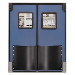 Blue polyethylene insulated swinging door with two doors, each 6 ft wide by 8 ft high. Includes a polycarbonate window, door seals, bumpers, and mounting hardware. NSF certified for use in temperature-controlled and sanitary environments such as cold storage and food processing facilities.