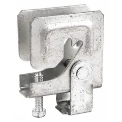 This purlin clamp with swivel is designed to secure 3/8 in threaded rod to steel purlins. Constructed from electro-galvanized steel, it provides a 200 lb load capacity for supporting suspended equipment such as piping, conduit, or ductwork in industrial settings.