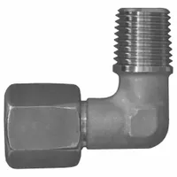 This flareless bite-type stainless steel compression fitting elbow from the Volz series connects 10 mm OD tubing to a 1/4 in male NPT port. The Compression x MNPT configuration provides a secure, leak-resistant joint in fluid systems. Suitable for hydraulic, pneumatic, and instrumentation lines