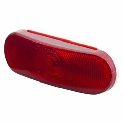Red oval incandescent stop light with pigtail electrical connection and grommet mount. Designed for permanent installation on trucks, trailers, and heavy equipment. Complies with FMVSS 108 standards. Overall height 2 1/4 in.