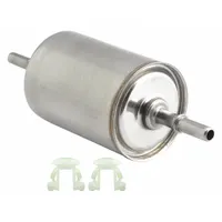 In-line fuel filter with cellulose media, 2 3/16 in outside diameter, and includes two plastic retainer clips. Designed for use in GMC buses and compatible with Daewoo/GMC applications. Baldwin Interchange number BF1185