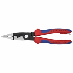 Chain-nose pliers with 8 in overall length, 2 1/2 in jaw length, and 1/8 in tip width. Features a flat nose and integrated wire stripper. Used for precision gripping, bending, and cutting in electrical, jewelry, and fine assembly work.