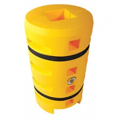 Yellow LLDPE column protector designed for square-center columns. Fits columns with a minimum length of 6 in and a maximum length of 8 in. Compatible with I-beam, round, and square column profiles. Used to shield structural columns from impact damage in warehouses and industrial facilities.